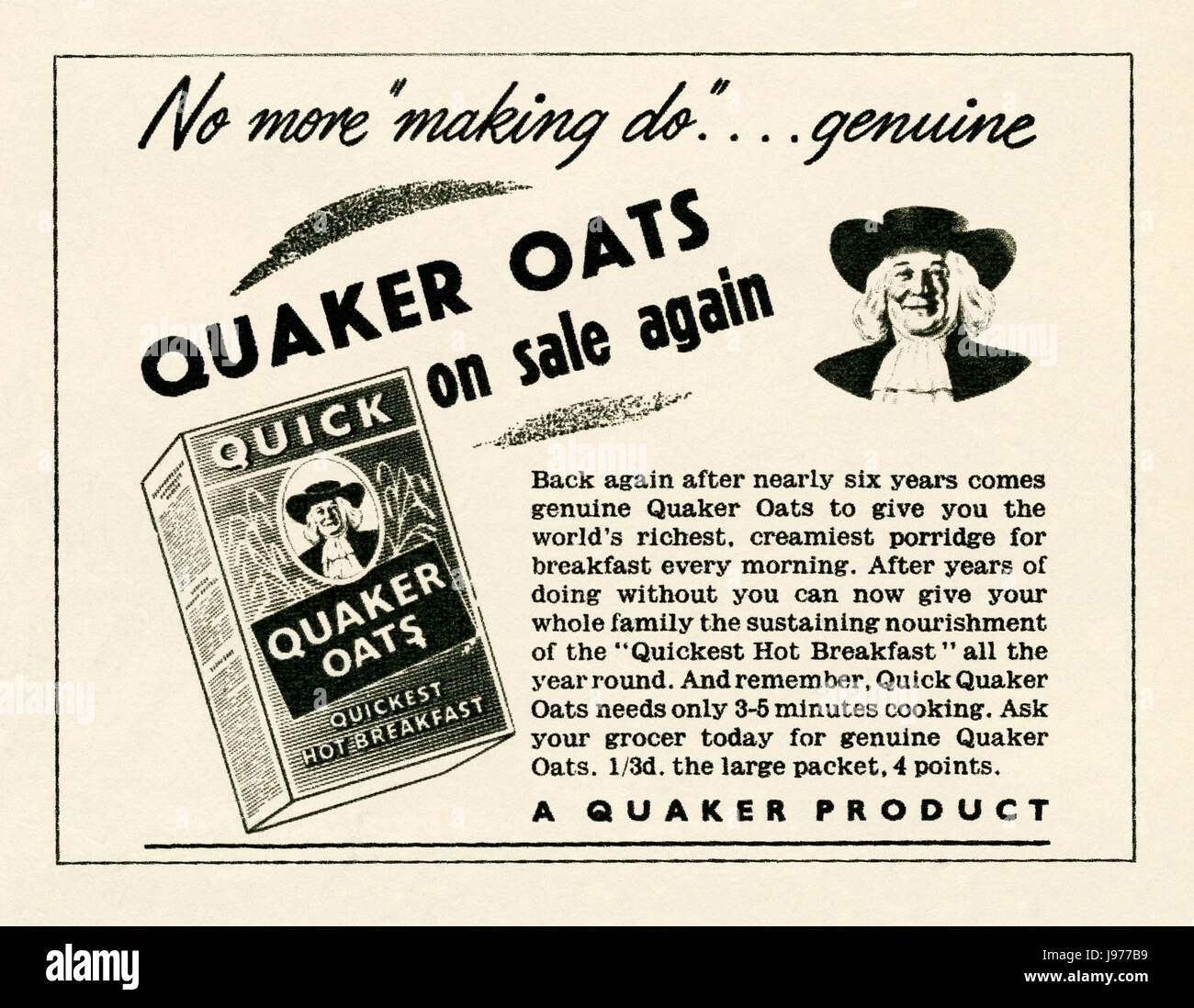 Eine Anzeige für Quaker Oats heißen Frühstücks-Cerealien - erschien es in einer Zeitschrift veröffentlicht in Großbritannien im Jahre 1948 Stockfoto