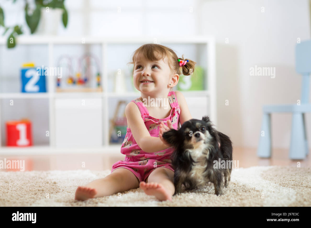 Kind Mädchen und ihr Hund spielen im Kindergarten Stockfoto