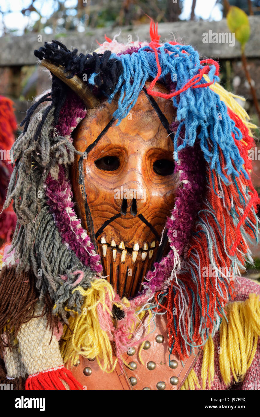 Holzmaske, während der Winter-Sonnenwende Festlichkeiten genutzt. Tras-os-Montes, Portugal Stockfoto