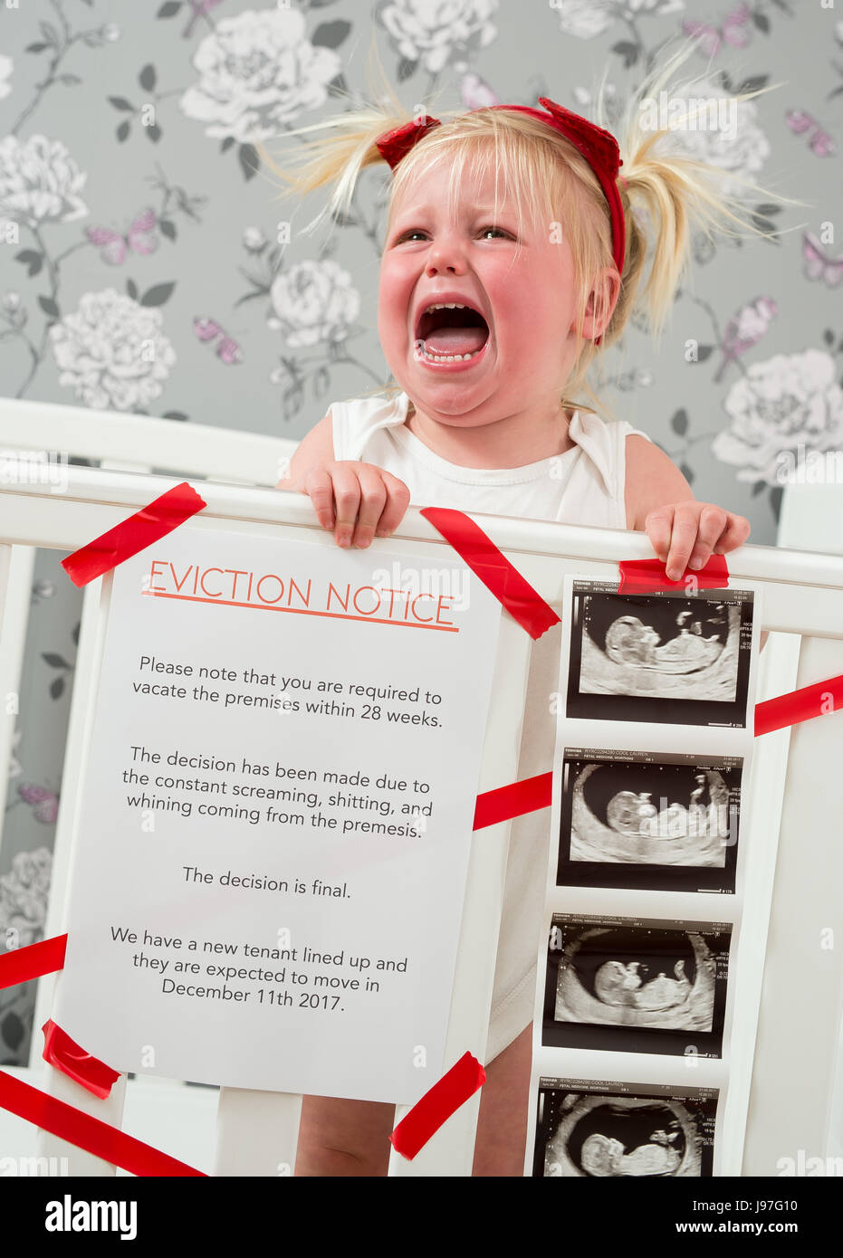 Lustige baby Ankündigung. Ein Kind stand auf, Babybett mit einem lustigen Vertreibung Nachricht an der Seite. Stockfoto