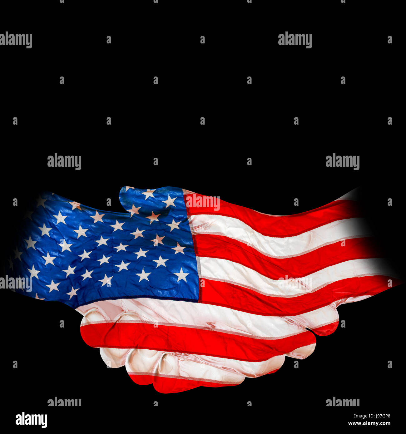 Digitalen Hand berühren, umwickelt mit amerikanischen Flagge auf dem schwarzen Hintergrund isoliert Stockfoto