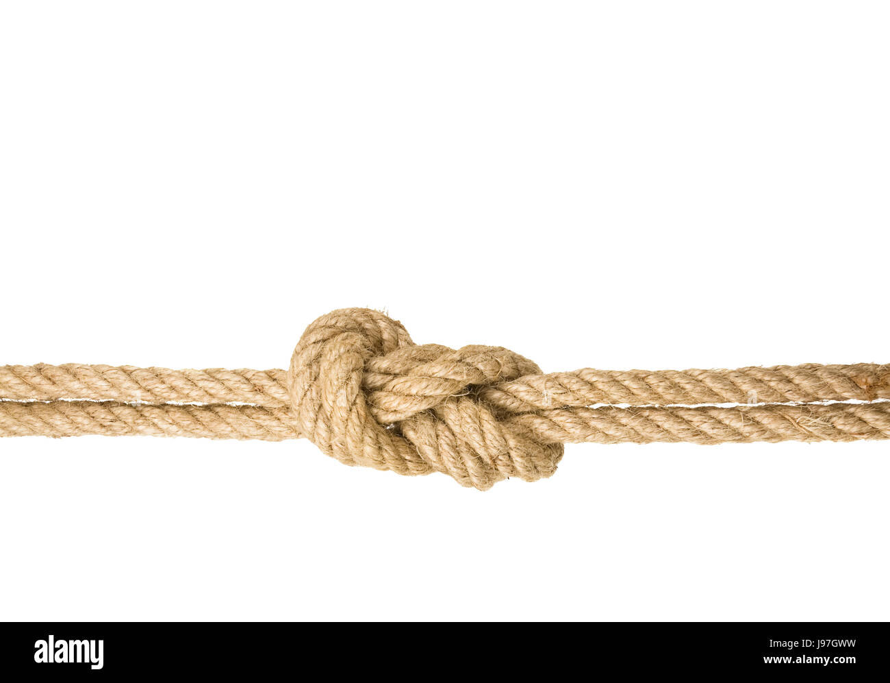 Starkes Seil mit einem Knoten, isoliert gegen den weißen farbigen Hintergrund Stockfoto