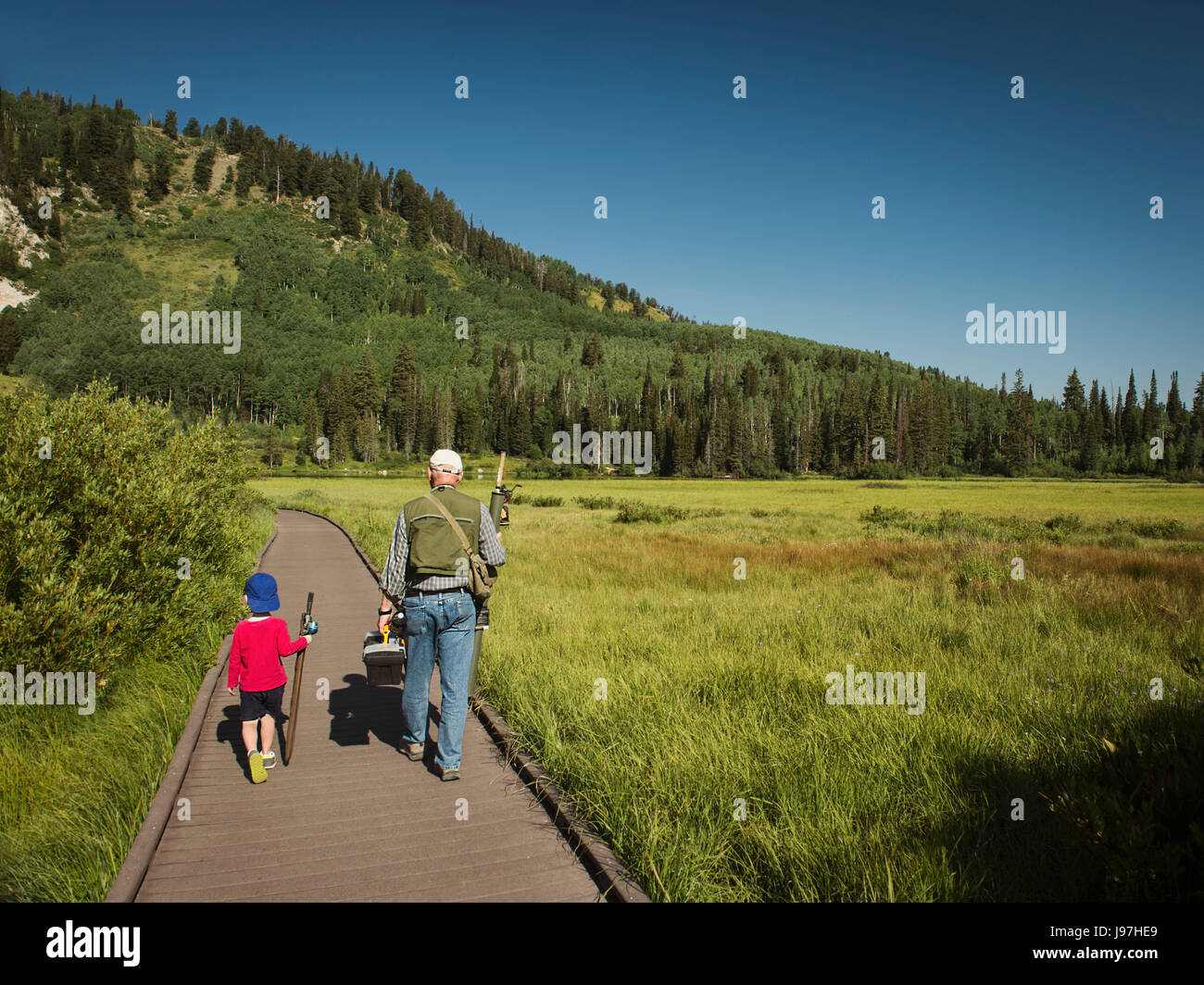 USA, Utah, Lake City, junge (4-5) mit Großvater zu Fuß am Boardwalk durch Feuchtgebiet Stockfoto