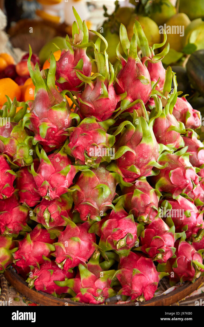 Drachenfrucht, können Duoc Markt, Provinz Long An, Mekong-Delta, Vietnam Stockfoto