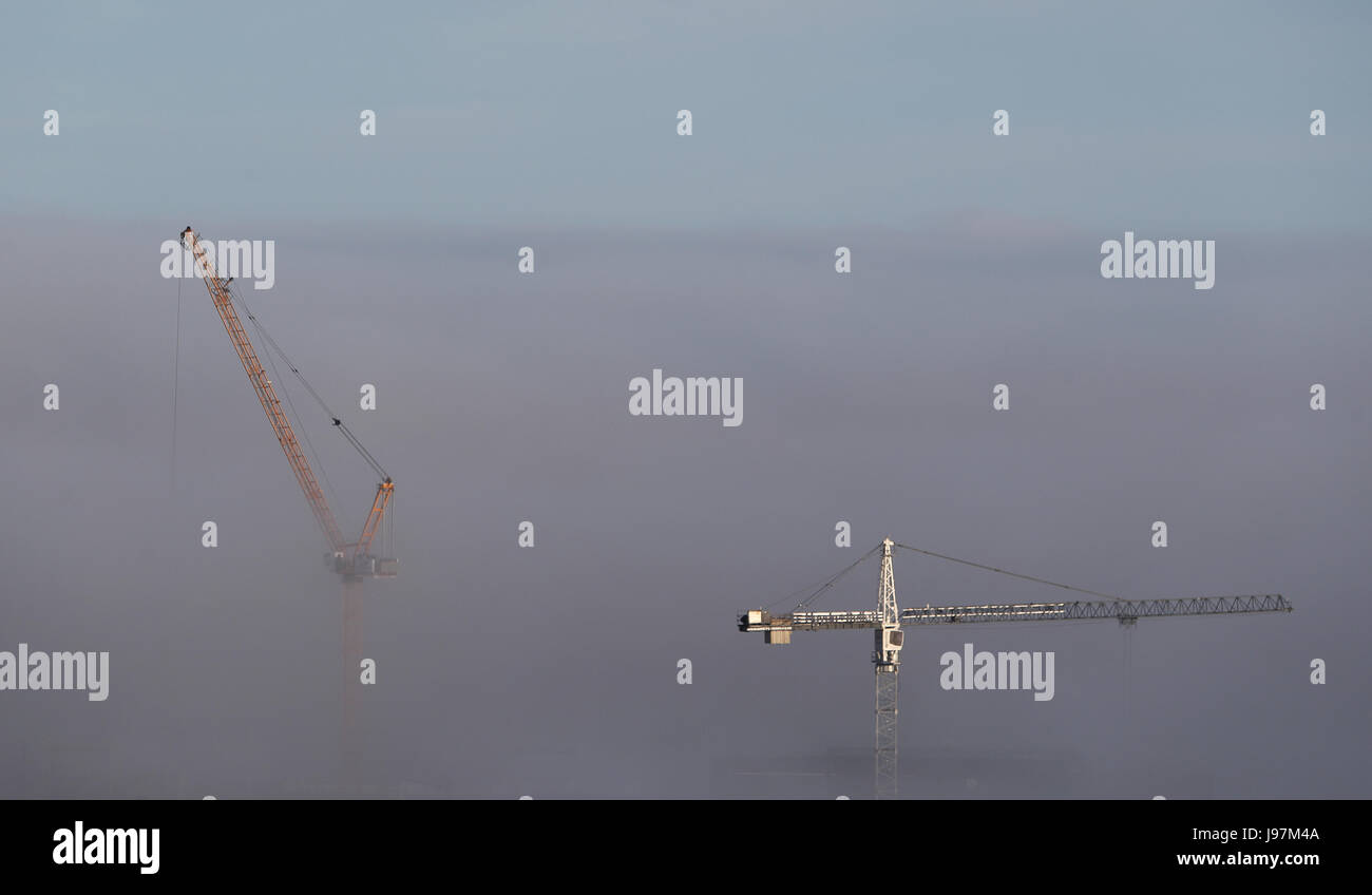 Zwei Kräne stechen die frühen Morgennebel in Auckland Stockfoto