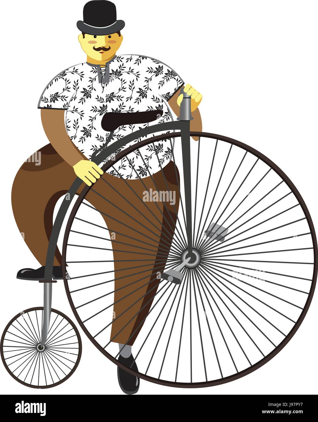 Hochrad oder hohe Rad Fahrrad und fetter Mann isoliert auf weißem Hintergrund. Vektor-illustration Stock Vektor
