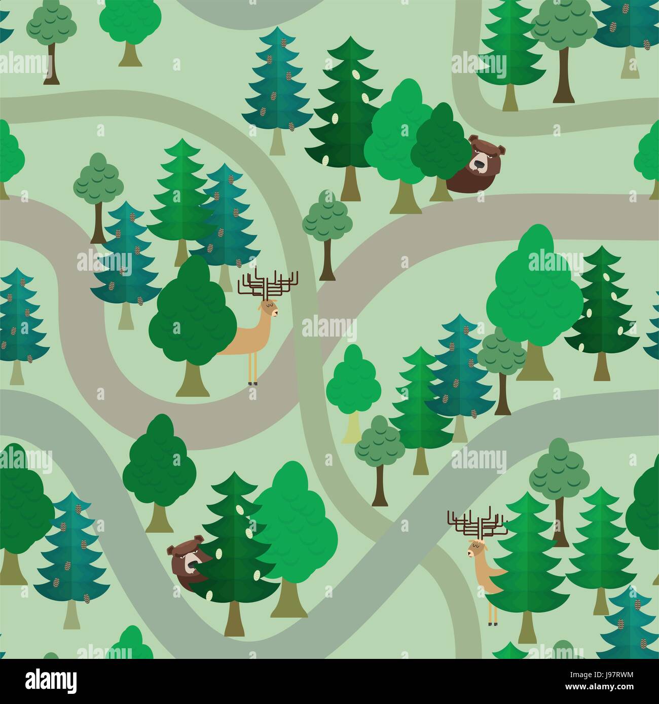 Wald-Vektor nahtlose Muster. Bären und Hirsche unter Bäumen. Wanderwege und Bäume Stock Vektor