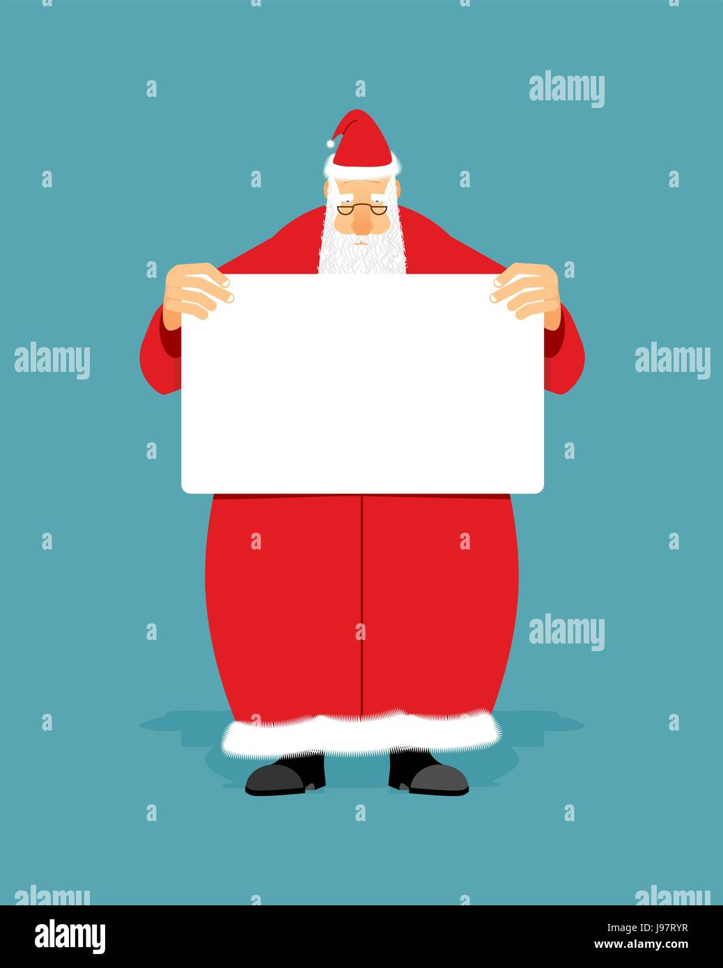 Gute Weihnachtsmann mit leere Schild mit Platz für Text. Weihnachten-Mann mit weißem Papier. Weihnachten Weihnachtsmann im roten Mantel mit weißen Banner. Stock Vektor