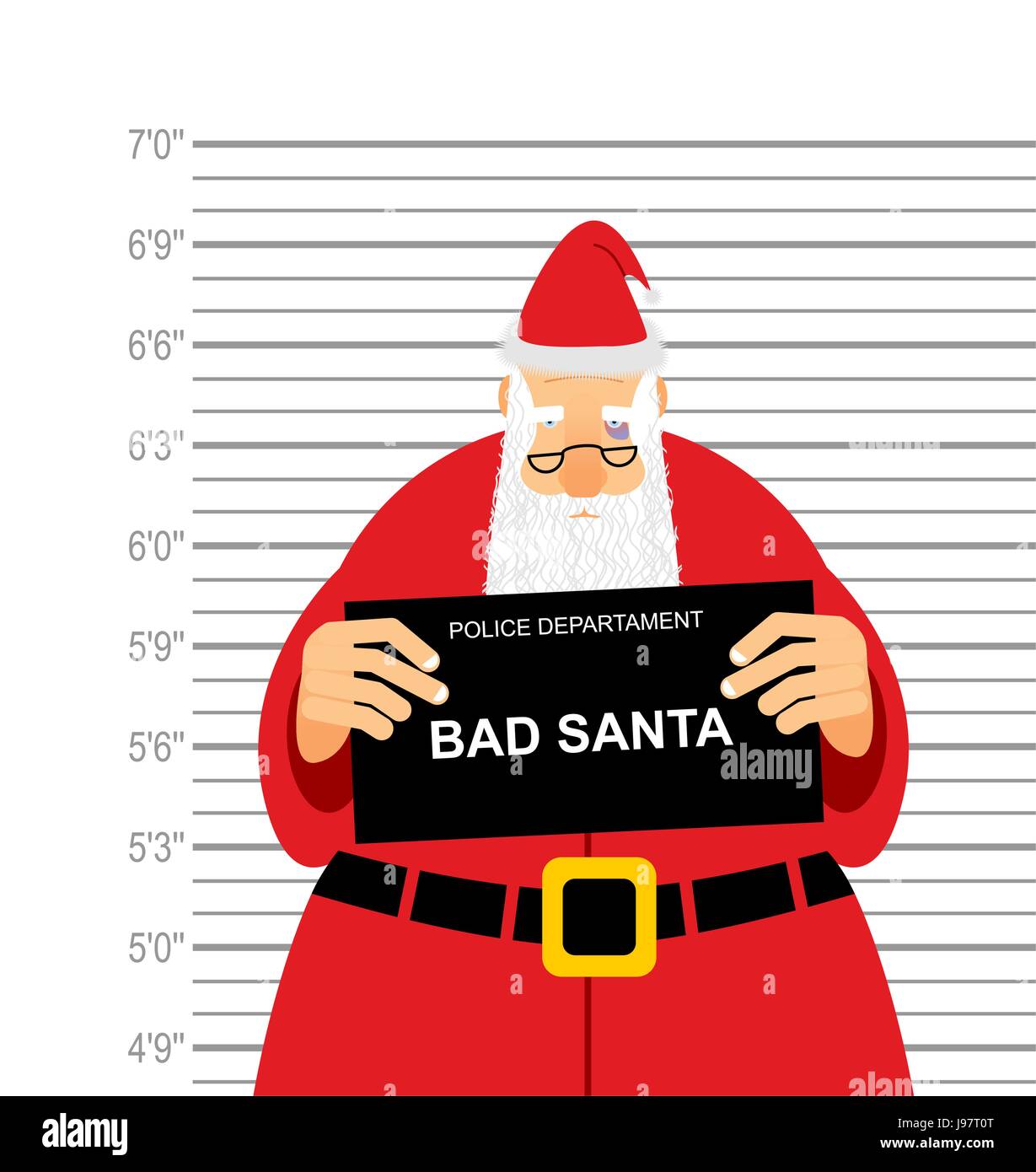 Mugshot ist bad Santa. Sana Claus in Polizei-Station mit einem Schild verhaftet. Weihnachten-Täter in Bluterguss unter Auge. Sein Großvater wurde festgenommen, fo Stock Vektor