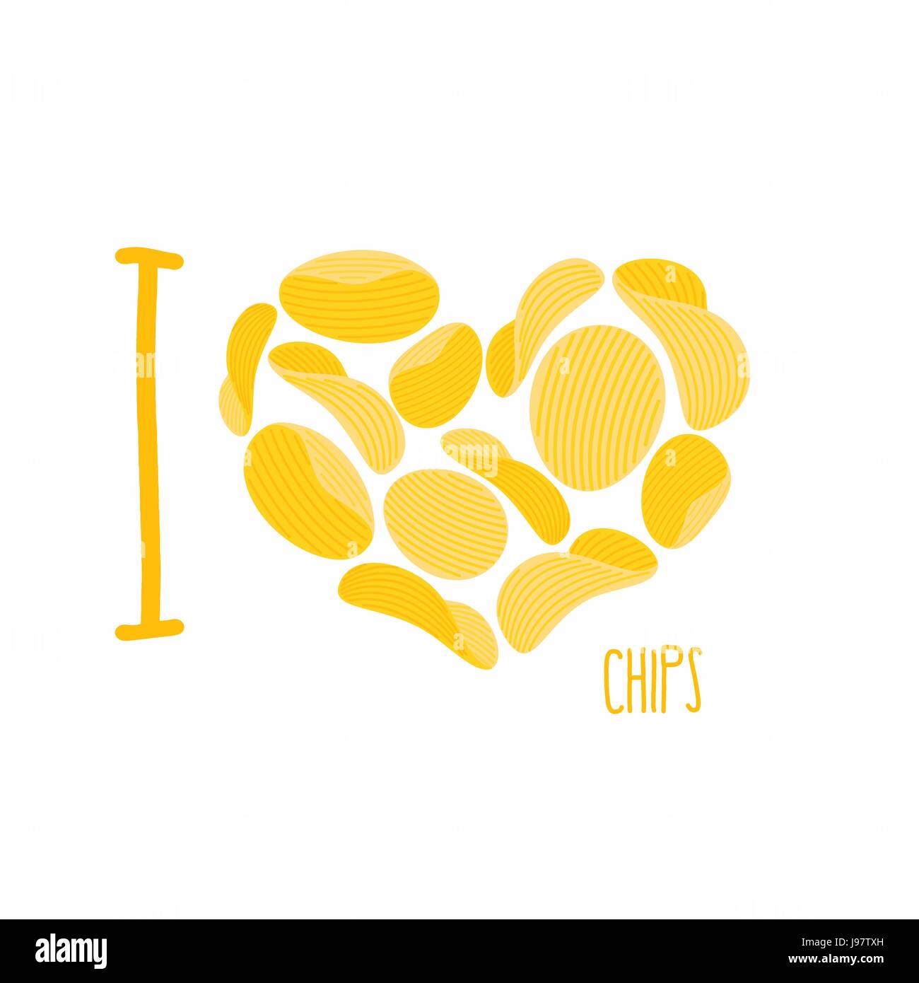 Ich liebe Chips. Symbol Herz von Kartoffel-Chips. Kartoffeln frittieren. Vektor-illustration Stock Vektor