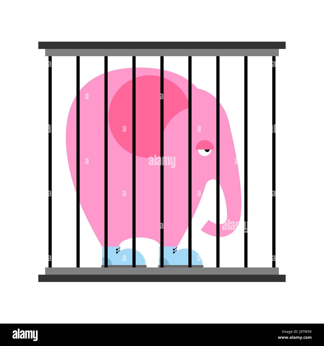 Traurig rosa Elefant im Käfig. Tier im Zoo hinter Gittern. Großes Tier in blaue Turnschuhe Schuhe. Wildes Tier in Gefangenschaft Stock Vektor