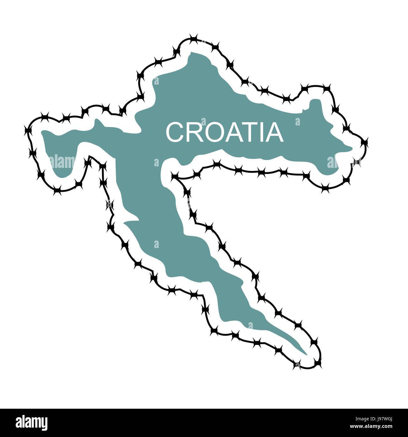 Karte von Kroatien. Land schließt Grenze gegen Flüchtlinge. Karte der Staaten mit Stacheldraht. Europäisches Land schützt seine Grenzen. Umgeben von perime Stock Vektor