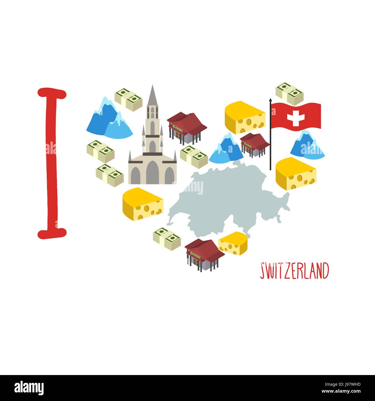 Ich liebe die Schweiz. Symbol Herz Käse und Alpen, Bank und Geld. Karte der  Schweiz. Touristen-Logo. Vektor-illustration Stock-Vektorgrafik - Alamy