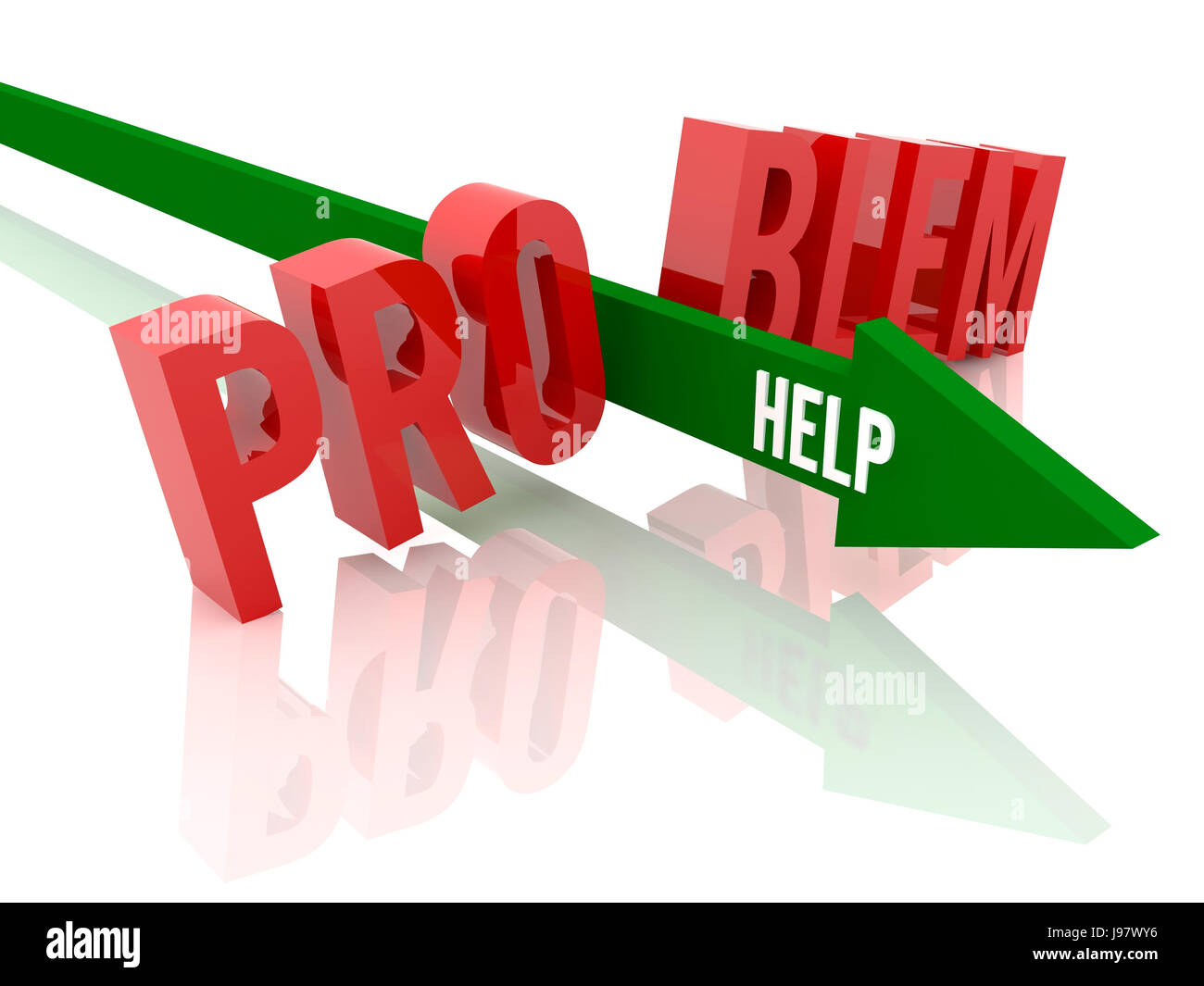 Pfeil mit Word Hilfe bricht Wort Problem. 3D Illustration Konzept. Stockfoto