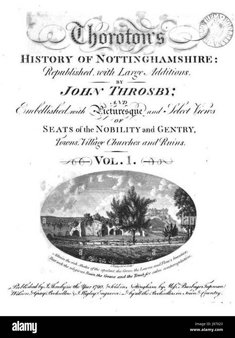 Diese Titelseite stammt aus dem ersten Band von Thoroton's History of Nottinghamshire, einem wichtigen historischen Werk, das die Geschichte und Geographie von Nottinghamshire, England, beschreibt. Stockfoto