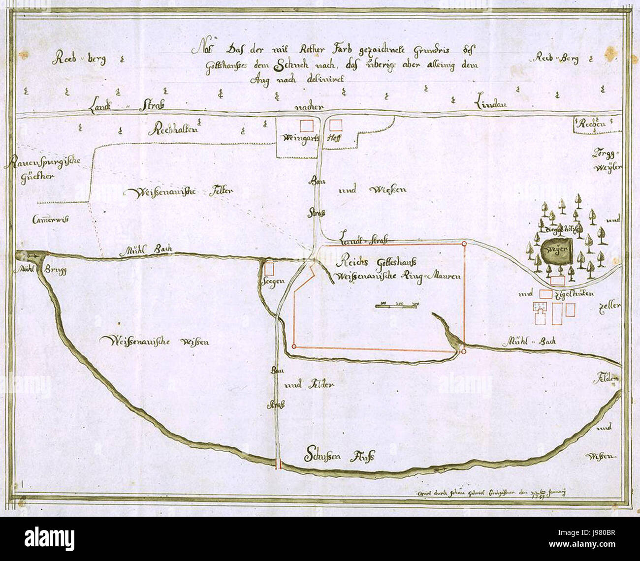 Der Grundriss von Weissenau, einem historischen Ort in Deutschland. Der Plan beschreibt die Architektur und die räumliche Organisation des Gebiets und gibt Einblicke in dessen Design und historische Bedeutung. Stockfoto