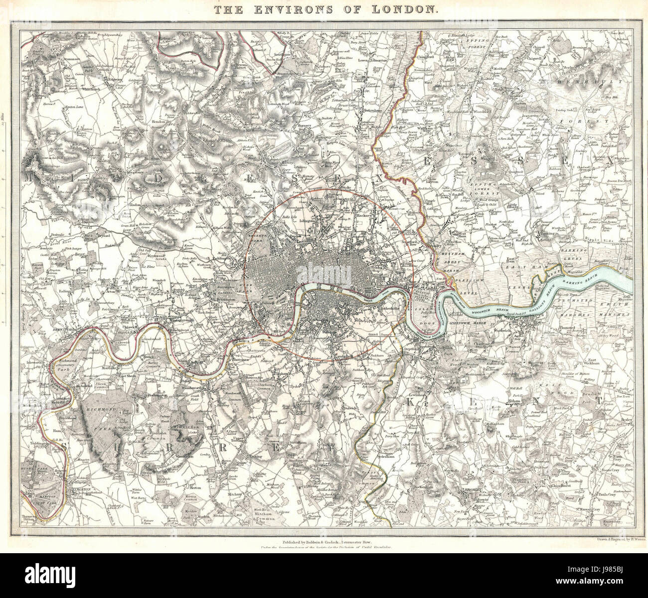 SDUK Karte Umgebung von London 1832 Stockfoto