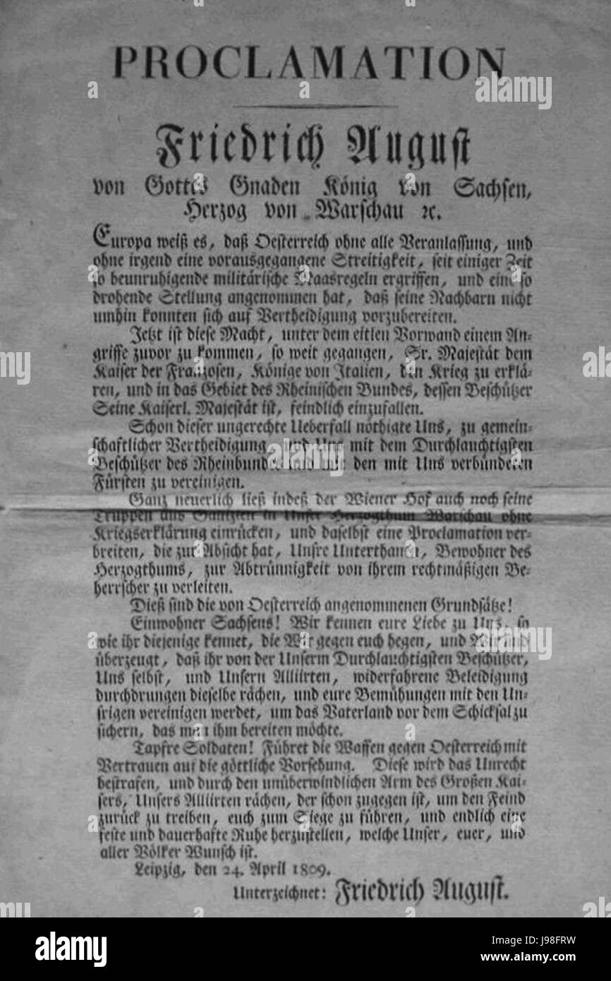 Proklamation Friedrich August 1809-04-24 Stockfoto