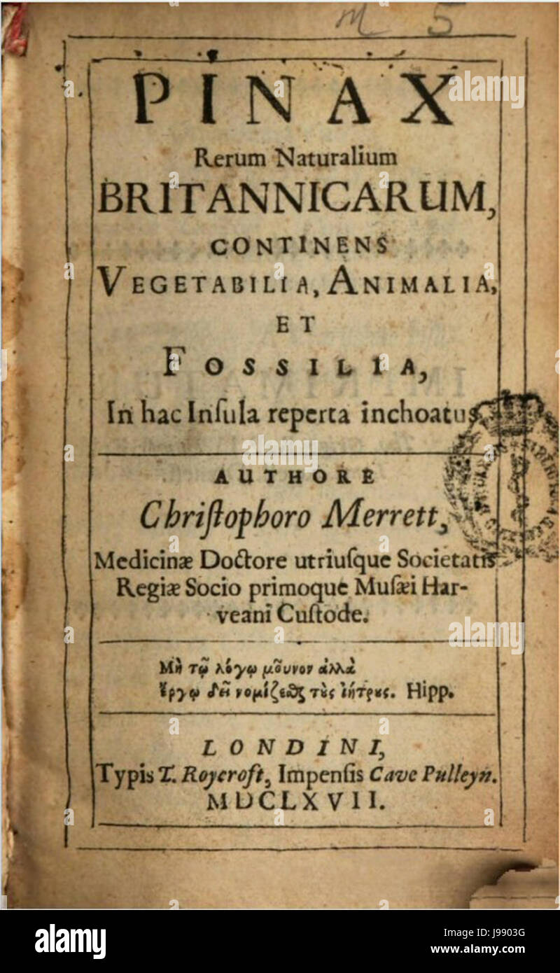 Pinax Rerum Naturalium Britannicarum Titelseite Stockfoto
