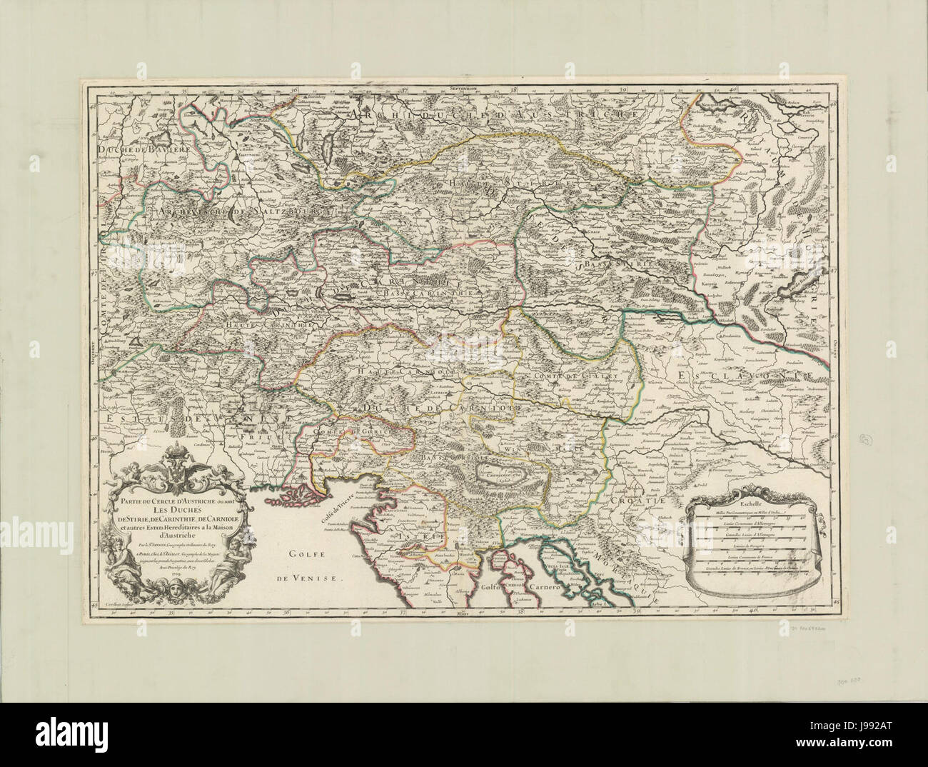 Partie du Cercle d'Austriche Ou Sont Les die Duche de Stirie, de Carinthie; de Carniole et Autres Estats Hereditaires a la Maison d'Austriche 1709 Stockfoto