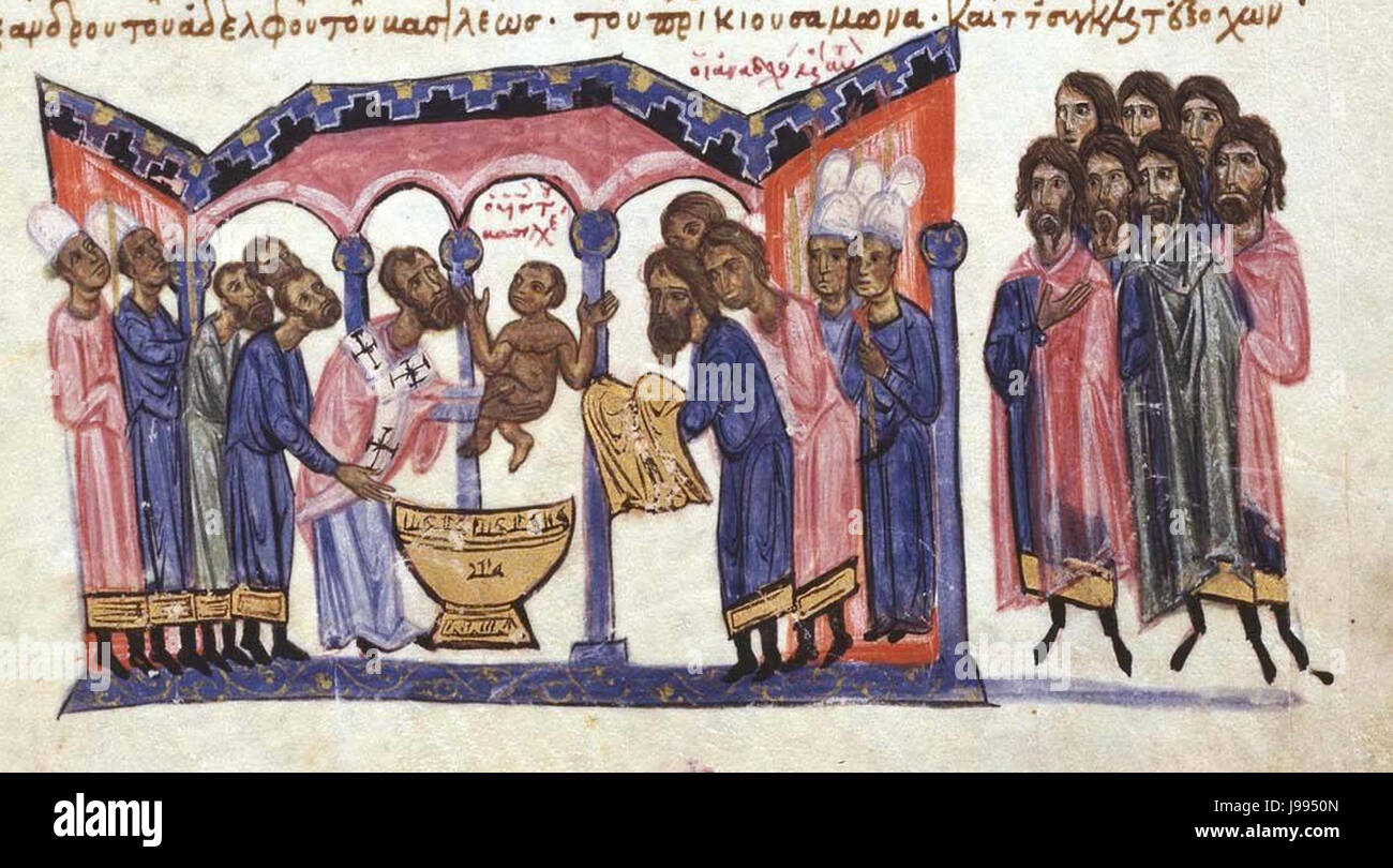 Patriarch Nicholas Mystikos tauft Konstantin VII Porphyrogennetos Stockfoto