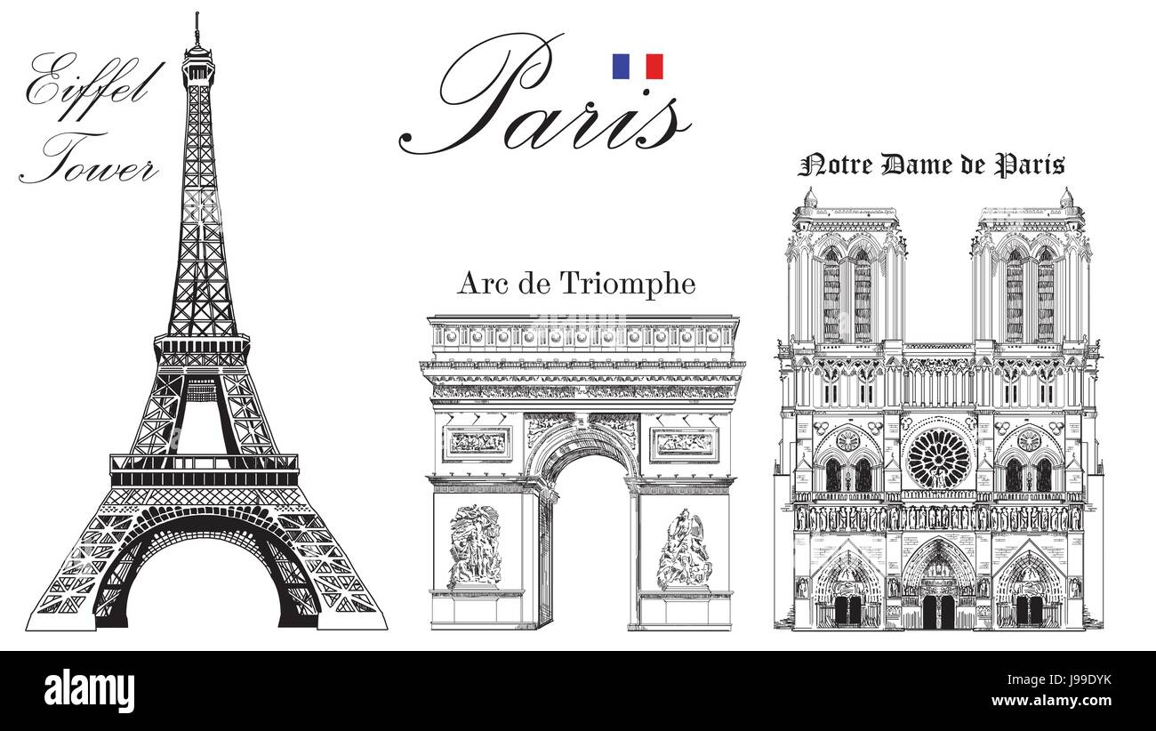 Vektor-Eiffelturm, Triumphbogen und Kathedrale Notre-Dame Hand Zeichnung Vektorbild Stock Vektor
