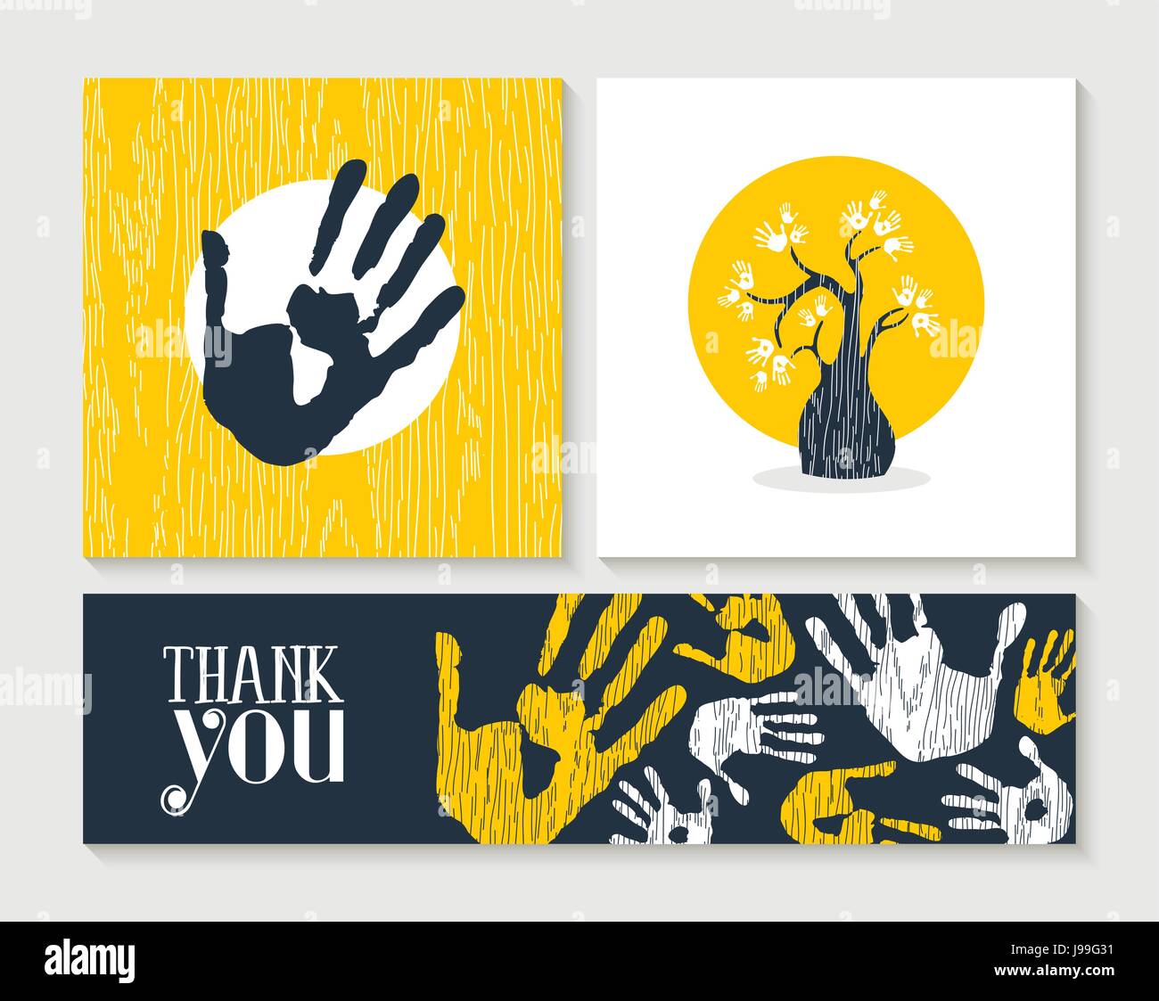 Vielen Dank Gruß Kartenset mit Hand print Illustration und Baum. Konzeptdesign für soziale Hilfe, Charity-Spende oder gemeinnützige Arbeit. EPS10 Vektor. Stock Vektor