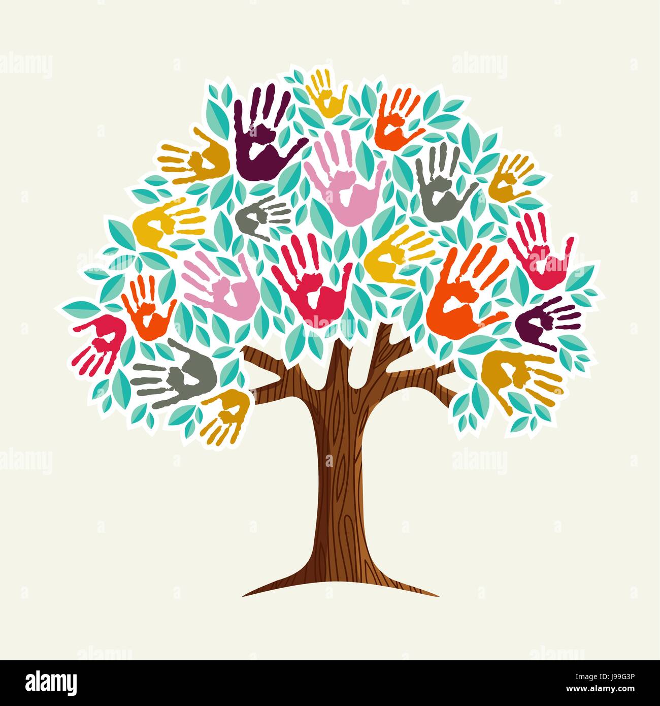 Eine helfende Hand: Baum aus unterschiedlichen Handabdrücke Form. Gemeinschaft Hilfe Konzept Abbildung. EPS10 Vektor. Stock Vektor