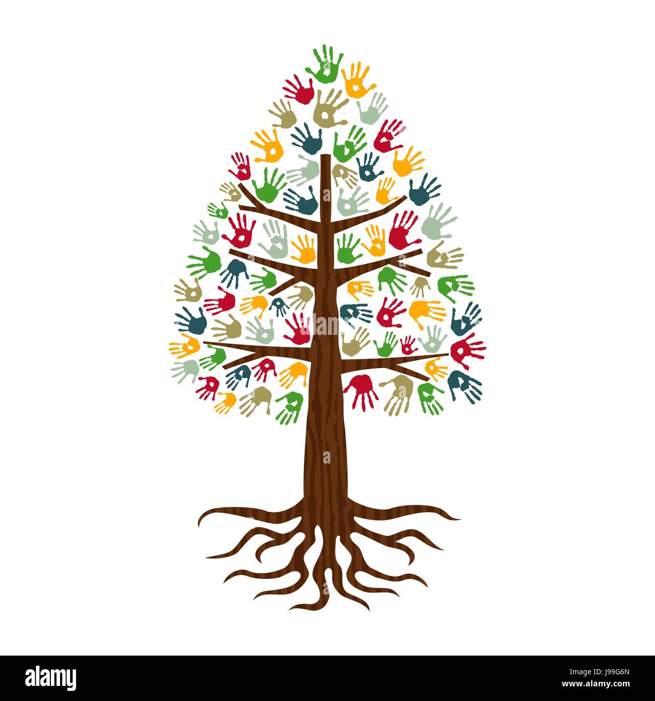 Kiefer Baum Händen der bunte vielfältige Gemeinschaft. Isolierte Konzept Illustration für soziale Hilfe, Nächstenliebe oder Gruppenarbeit. EPS10 Vektor. Stock Vektor
