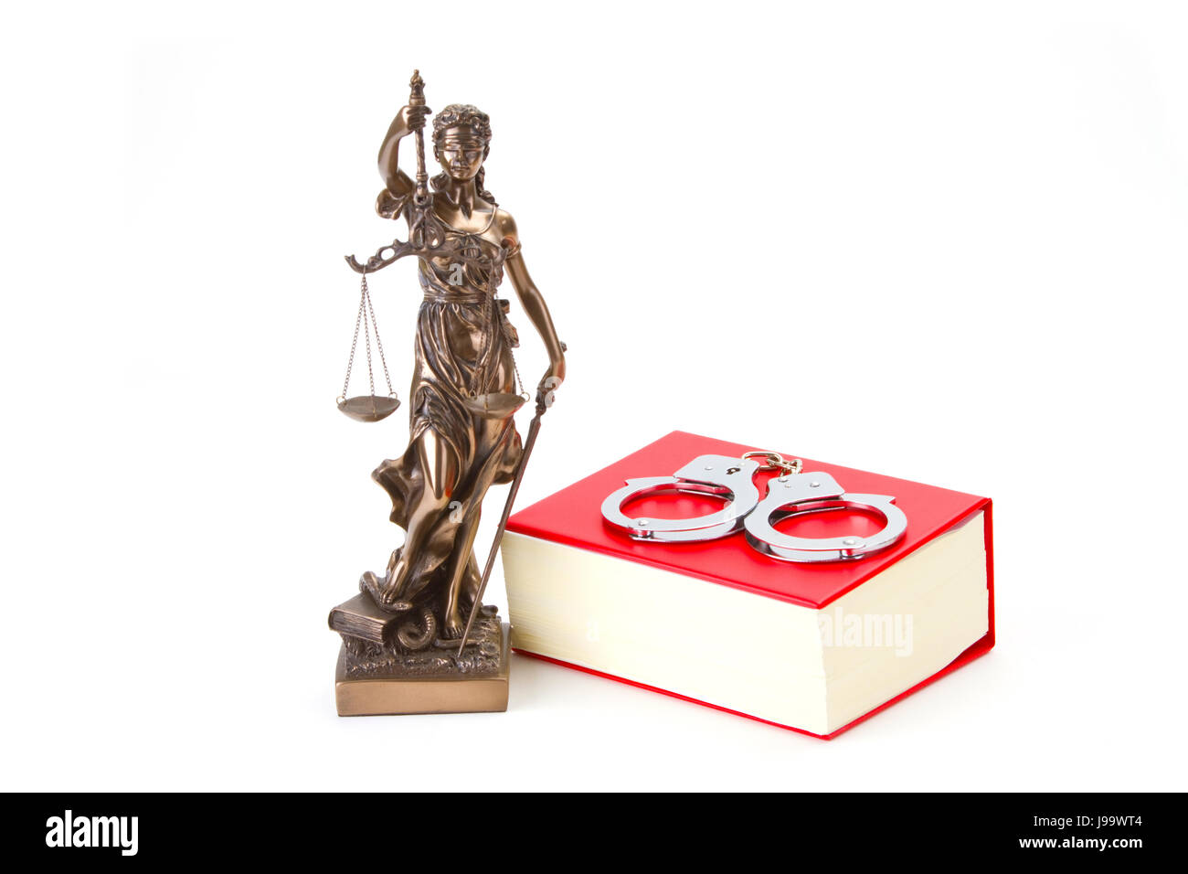 Gerechtigkeit mit Waage für Recht und Gerechtigkeit auf hellem Hintergrund Stockfoto