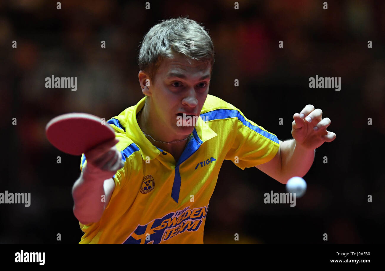 Düsseldorf, Deutschland. 1. Juni 2017. Anton Kallberg von Schweden tritt während der Herren-Einzel-Match gegen Ma Long von China bei den Tischtennis-Weltmeisterschaften 2017 in Düsseldorf, Deutschland, 1. Juni 2017. Bildnachweis: Tao Xiyi/Xinhua/Alamy Live-Nachrichten Stockfoto