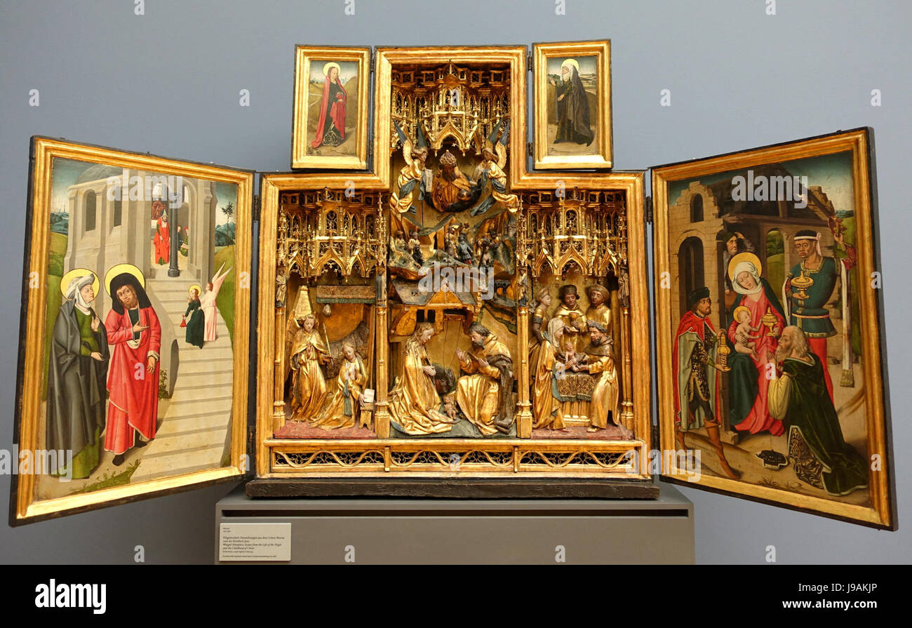 Geflügelte Altarbild, Szenen aus dem Leben der Jungfrau Maria und die Kindheit von Christus, Brüssel, c. 1480, Eiche Bode Museum DSC03185 Stockfoto