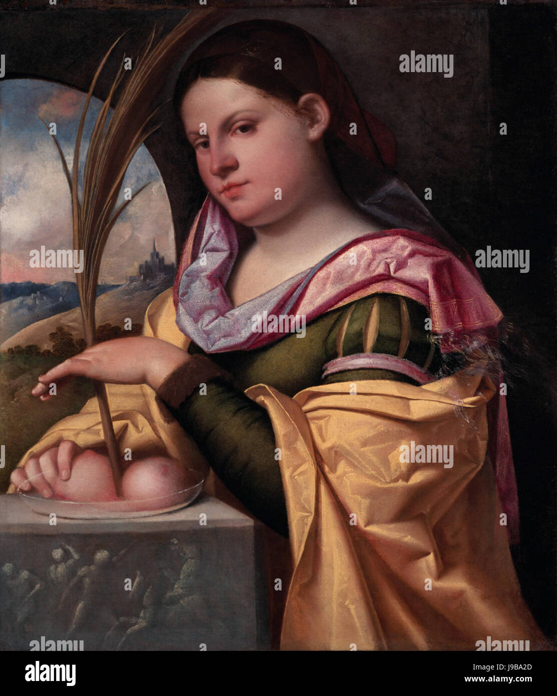 Porträt einer jungen Frau als St. Agatha, von Giovanni Cariani Stockfoto