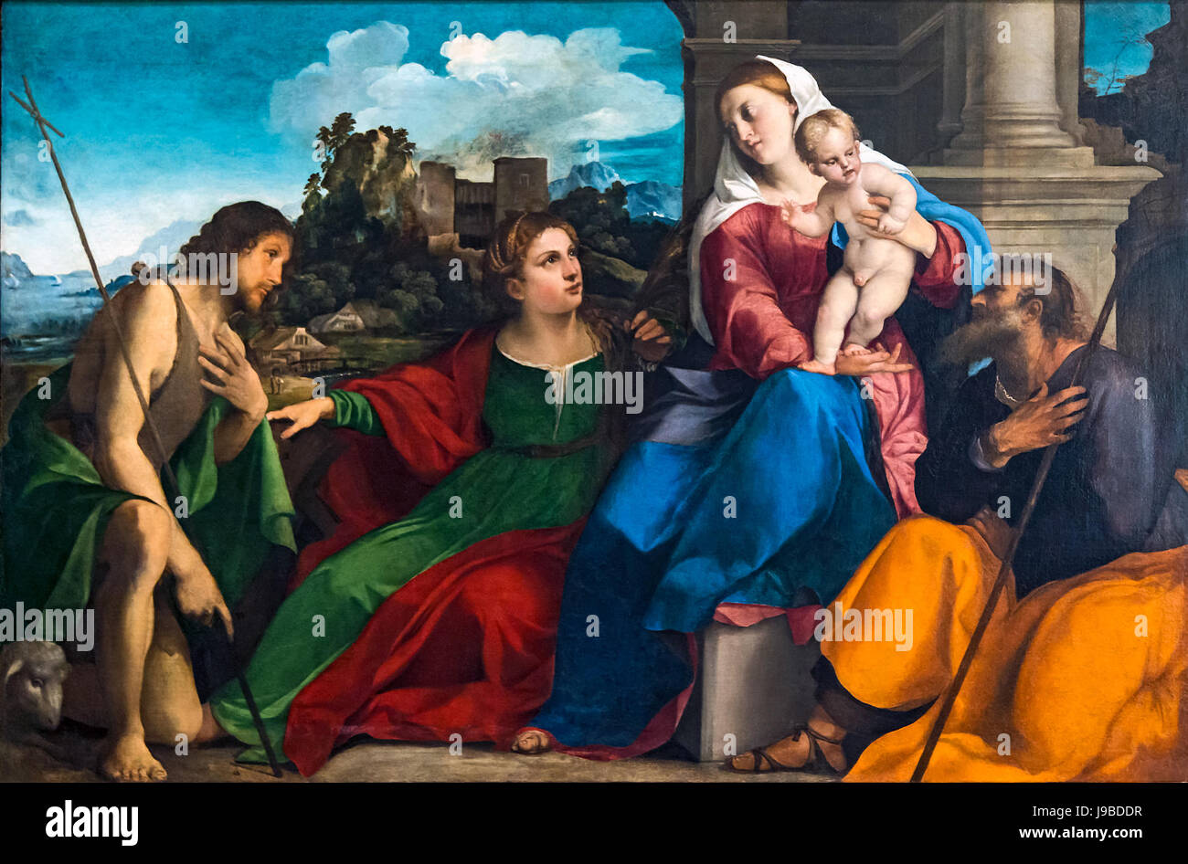 Accademia Heilige Familie mit Heiligen Katharina von Alexandrien und Johannes der Täufer von Palma il Vecchio Stockfoto