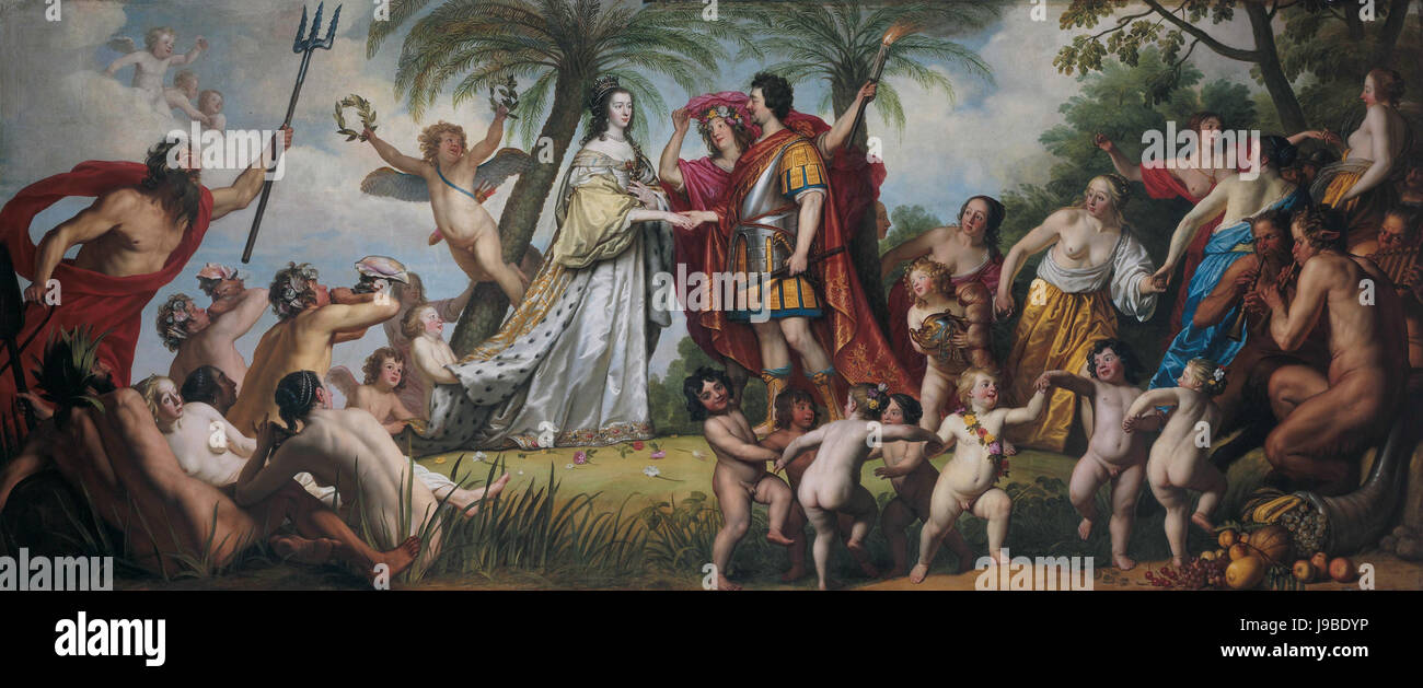 Ein Ölgemälde von Gerard van Honthorst, das die Hochzeit von Frederik Hendrik, Prinz von Orange, und Amalia van Solms darstellt und das königliche Ereignis in niederländischer Kunst des 17. Jahrhunderts feststellt. Stockfoto