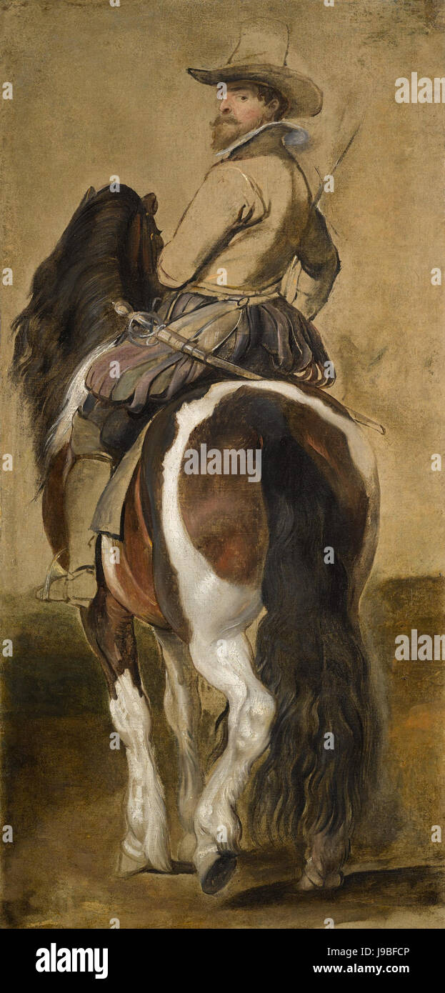 Studie eines Pferdes mit einem Fahrer von Sir Peter Paul Rubens. Stockfoto