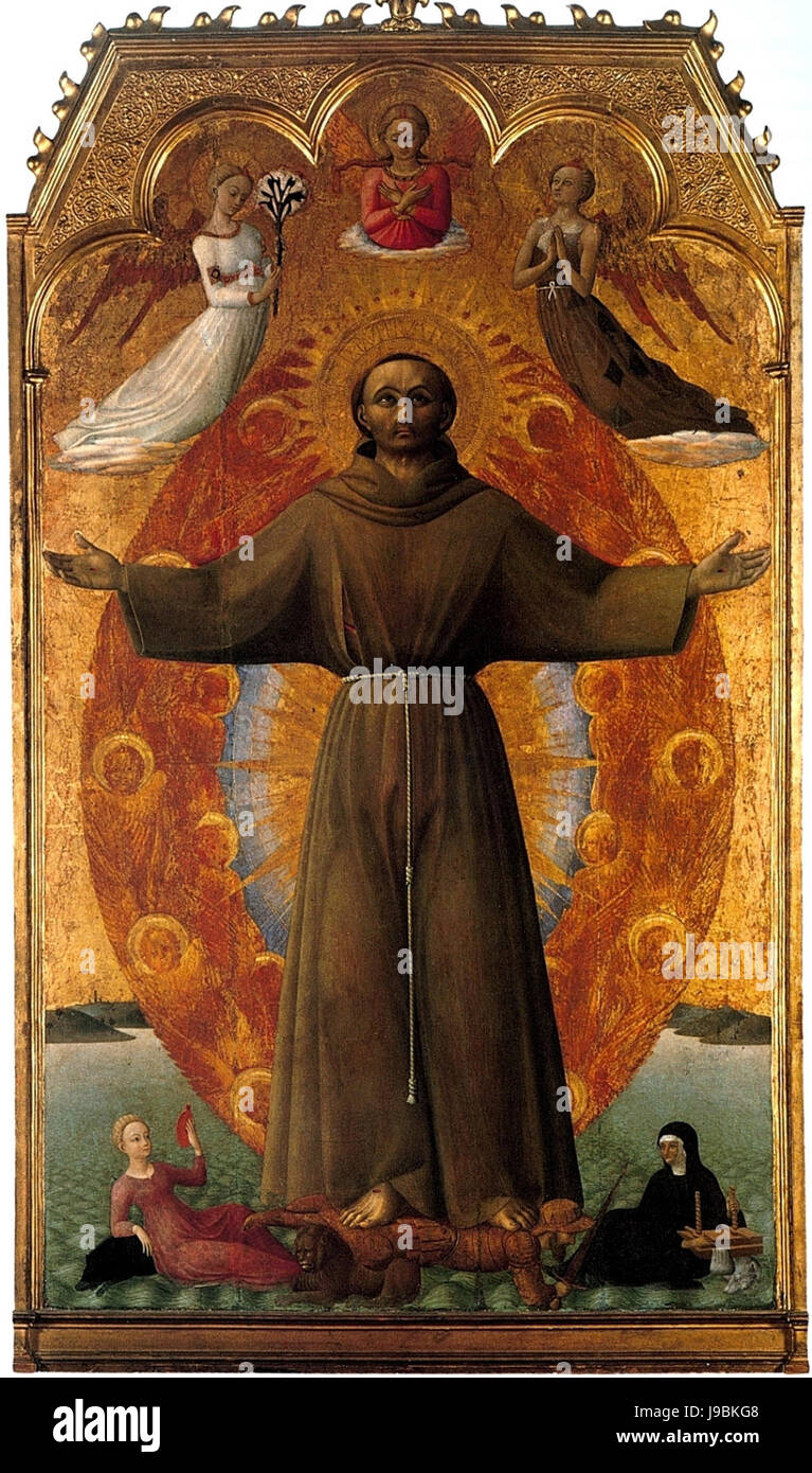 Dieses Kunstwerk mit dem Titel „die Ekstase des heiligen Franziskus“ von Sassetta ist Teil der Bernson-Sammlung und wird in Settignano ausgestellt. Es zeigt den spirituellen Moment des hl. Franziskus, der ein Schlüsselthema in der religiösen und Renaissance-Kunst darstellt. Stockfoto