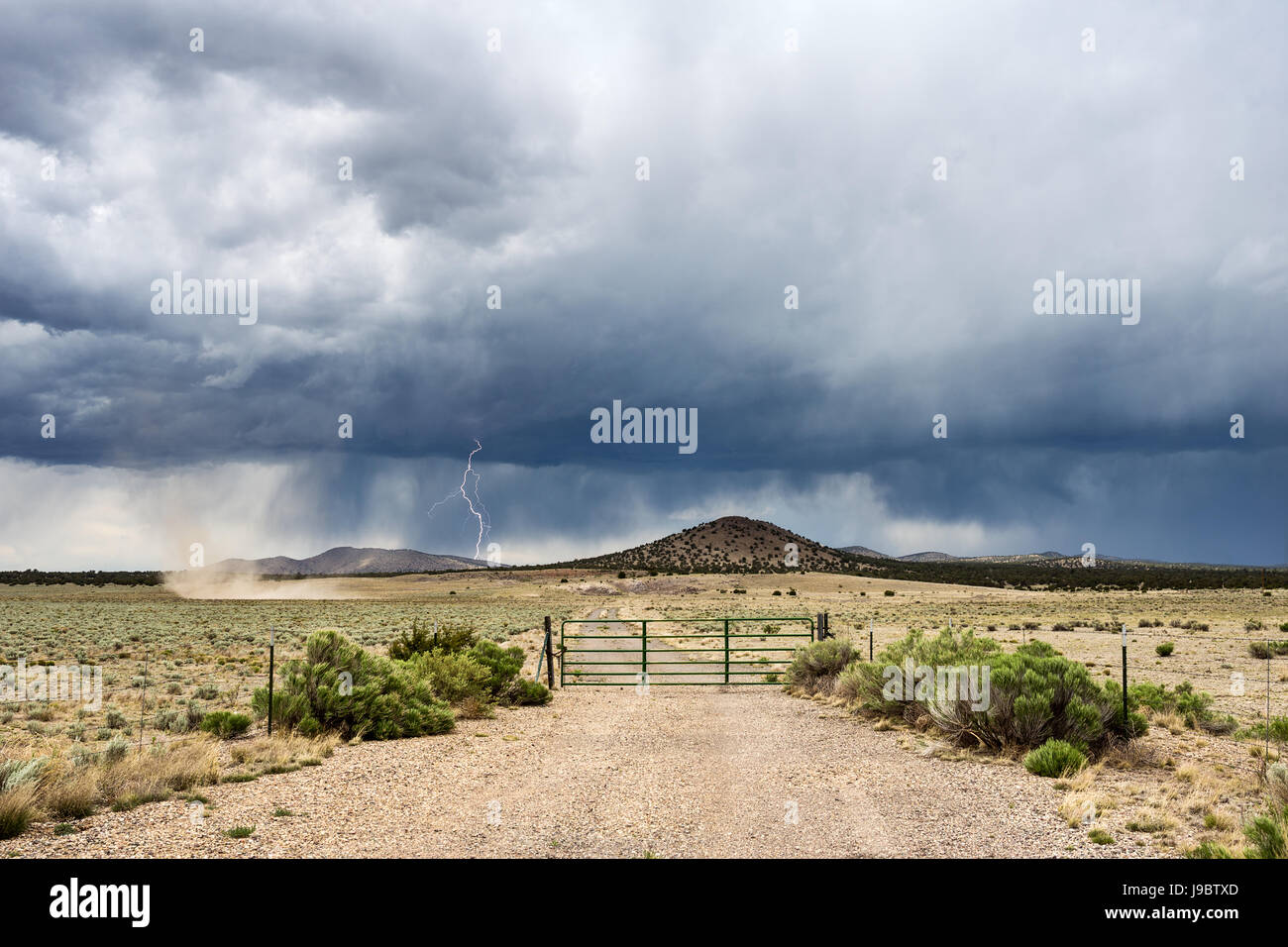 Wüstenlandschaft mit einem Staubteufel und Gewitterblitzen in der Nähe von Socorro, New Mexico Stockfoto