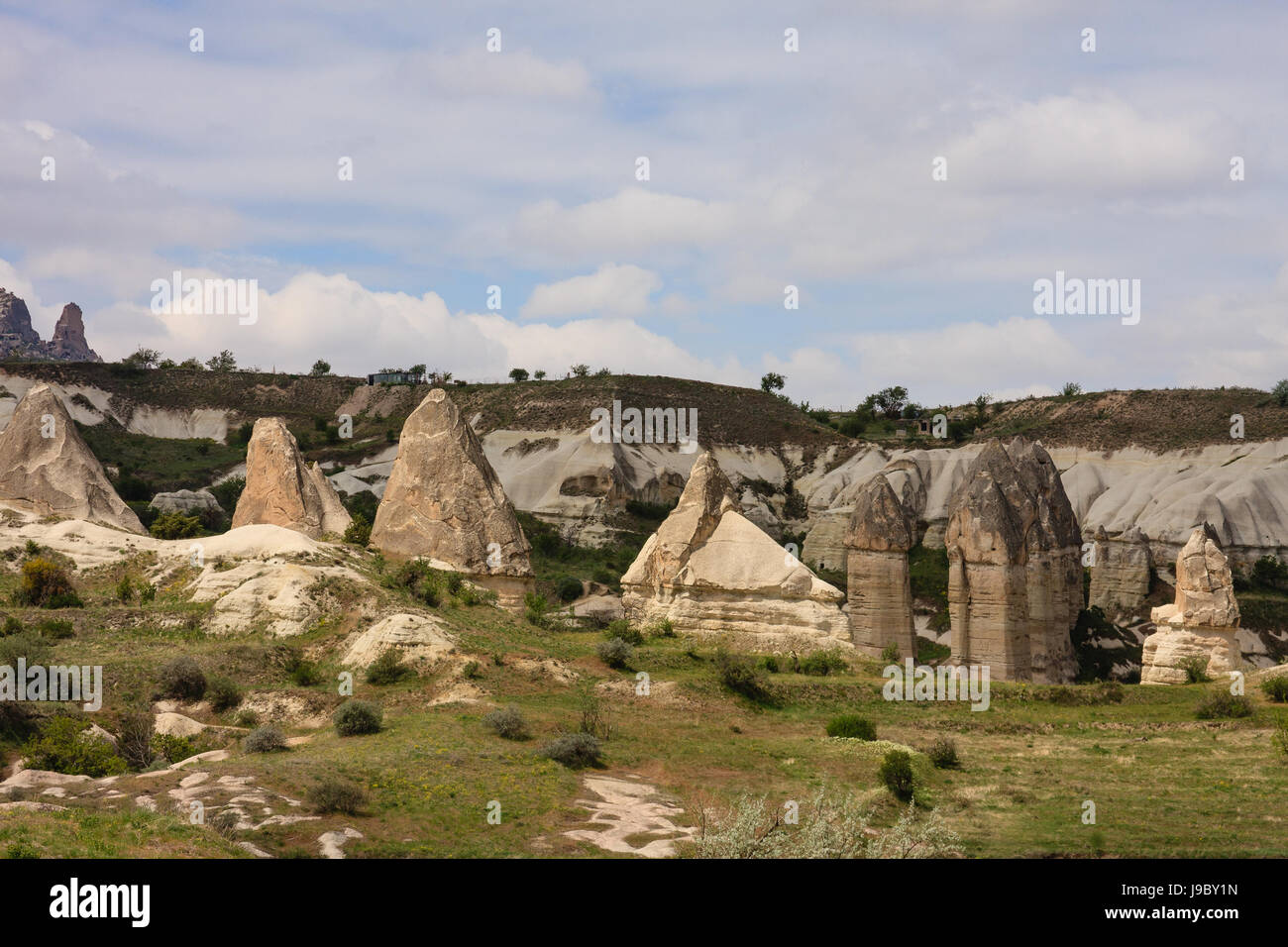 Horizontalen Schuss der Feenkamine von Kappadokien in der Türkei im Frühjahr mit grünem Rasen und kleine Bäume an bewölkten Tagen erschossen Stockfoto