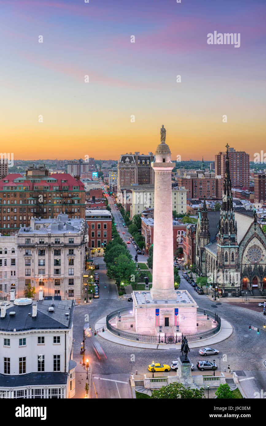 Baltimore, Maryland, USA Stadtbild am Mt. Vernon und dem Washington Monument. Stockfoto