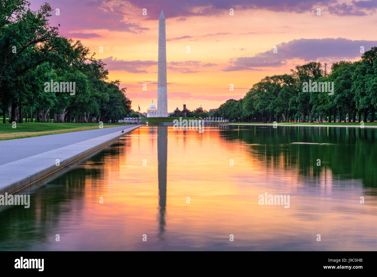 Washington Monument und dem Kapitol von Reflecting Pool in Washingon DC, USA. Stockfoto