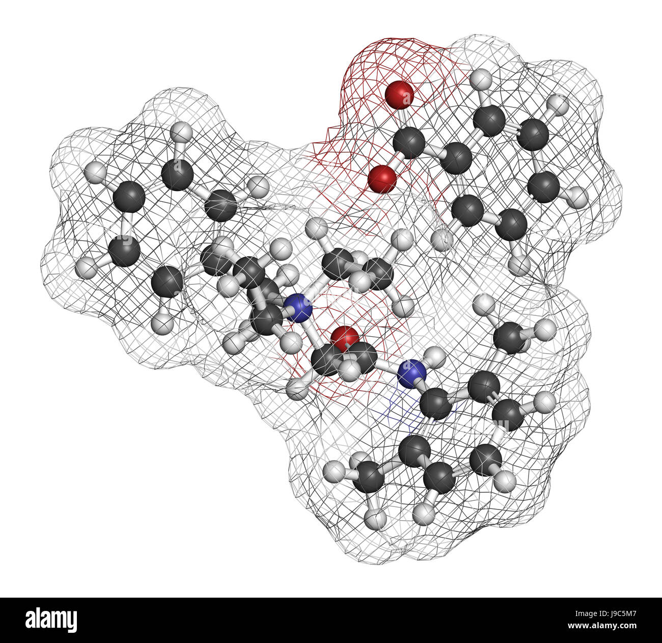 Denatonium Benzoat Hopfenmenge Agent. 3D-Rendering. Atome sind als Kugeln mit konventionellen Farbcodierung vertreten: Wasserstoff (weiß), Kohlenstoff (grau), o Stockfoto