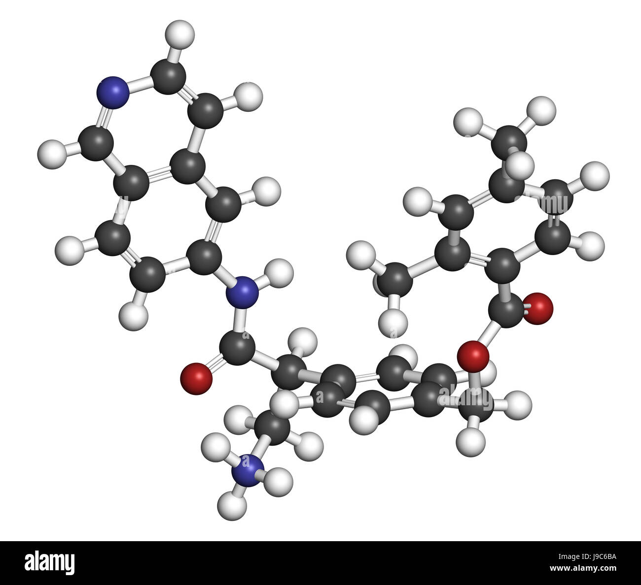 Netarsudil Wirkstoffmolekül. Verwendet in der Behandlung von okulärer Hypertension und Glaukom. 3D-Rendering. Atome sind als Kugeln mit konventionellen Colo vertreten. Stockfoto