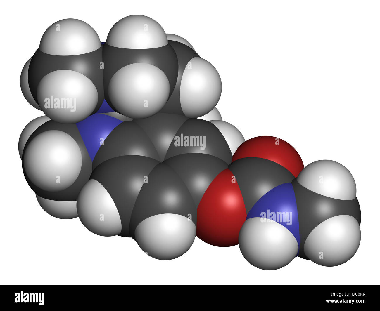 Physostigmin Alkaloid Molekül. Präsentieren Sie in Calabar Bohne und Manchinelbaum Baum, fungiert als Acetylcholinesterase-Hemmer. 3D-Rendering. Atome sind transpa Stockfoto