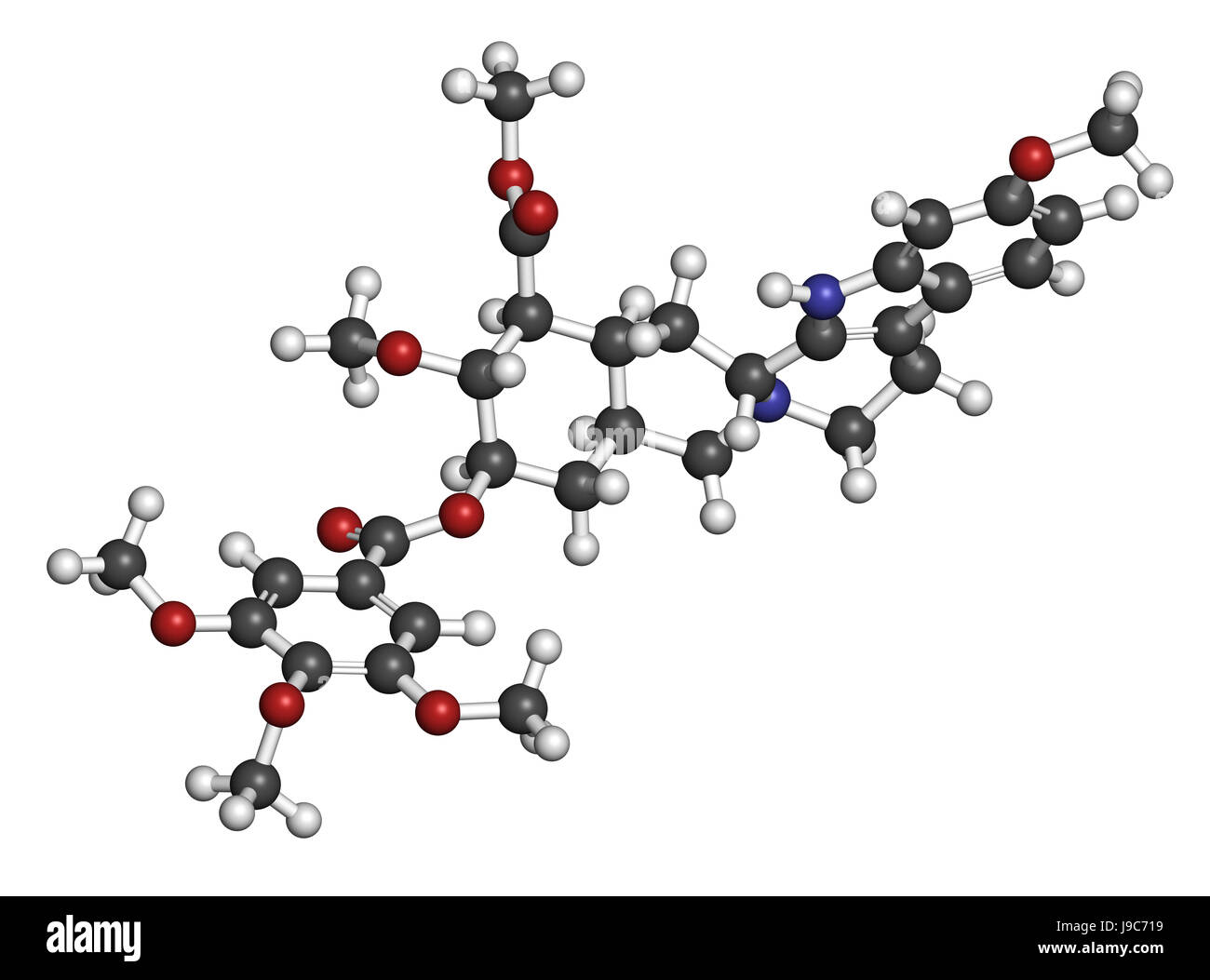 Reserpin Alkaloid Molekül. Von Rauwolfia Serpentina (indische Snakeroot) isoliert. 3D-Rendering. Stockfoto