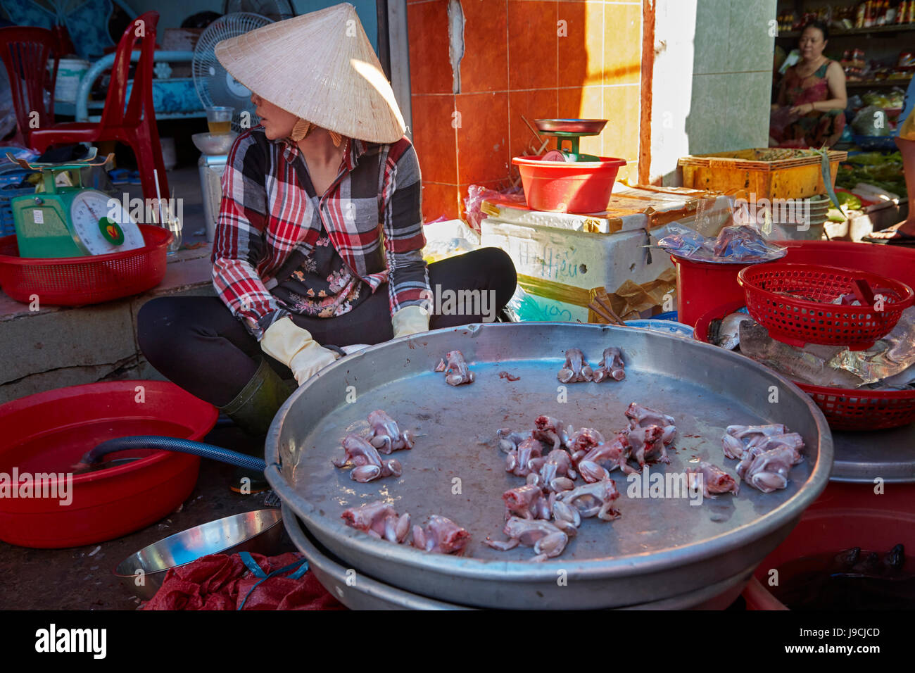 Frau verkaufen Frösche, können Duoc Markt, Provinz Long An, Mekong Delta, Vietnam Stockfoto