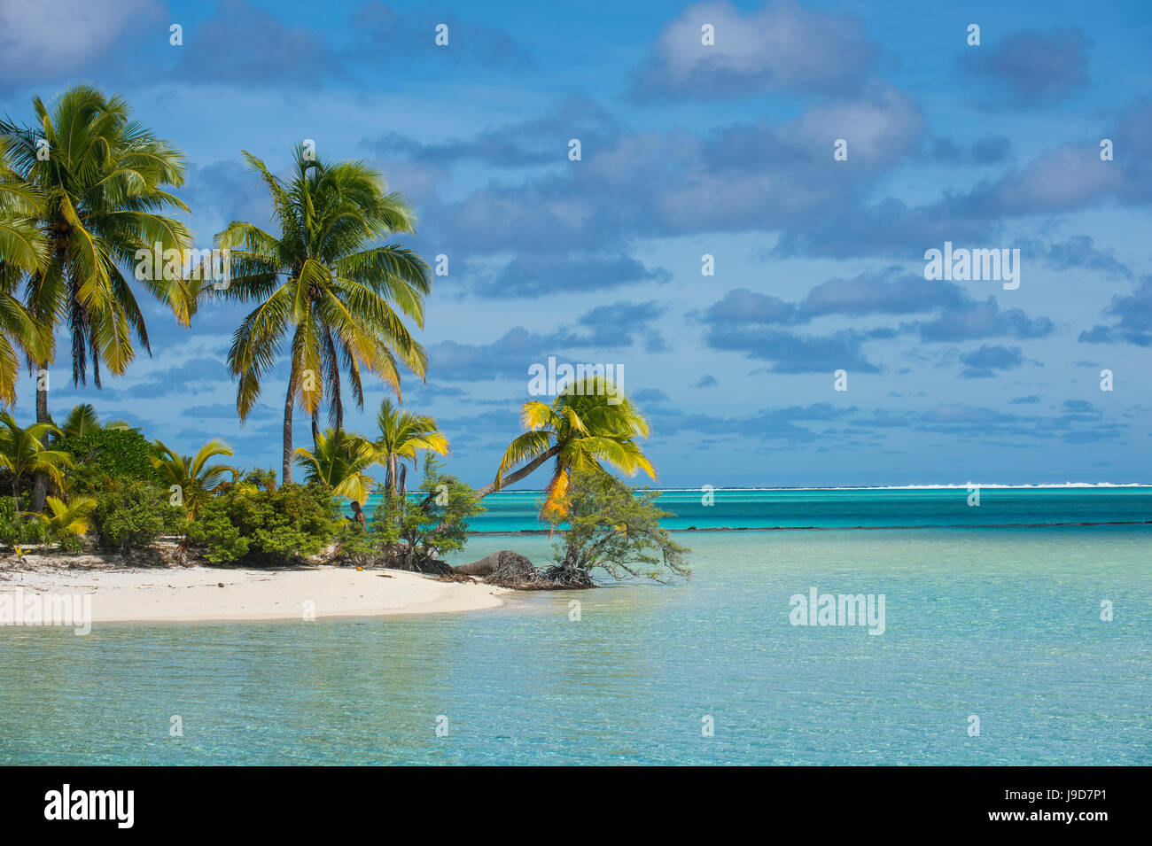 Weißen Sand Bank im türkisfarbenen Wasser der Lagune Aitutaki, Rarotonga und die Cook-Inseln, South Pacific, Pazifik Stockfoto