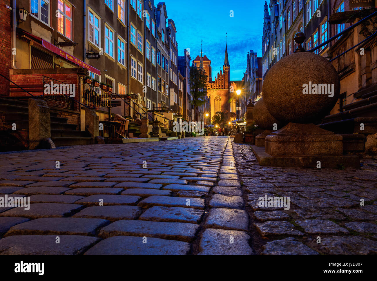 Mariacka Street bei Dämmerung, Old Town, Danzig, Pommersche Woiwodschaft, Polen, Europa Stockfoto