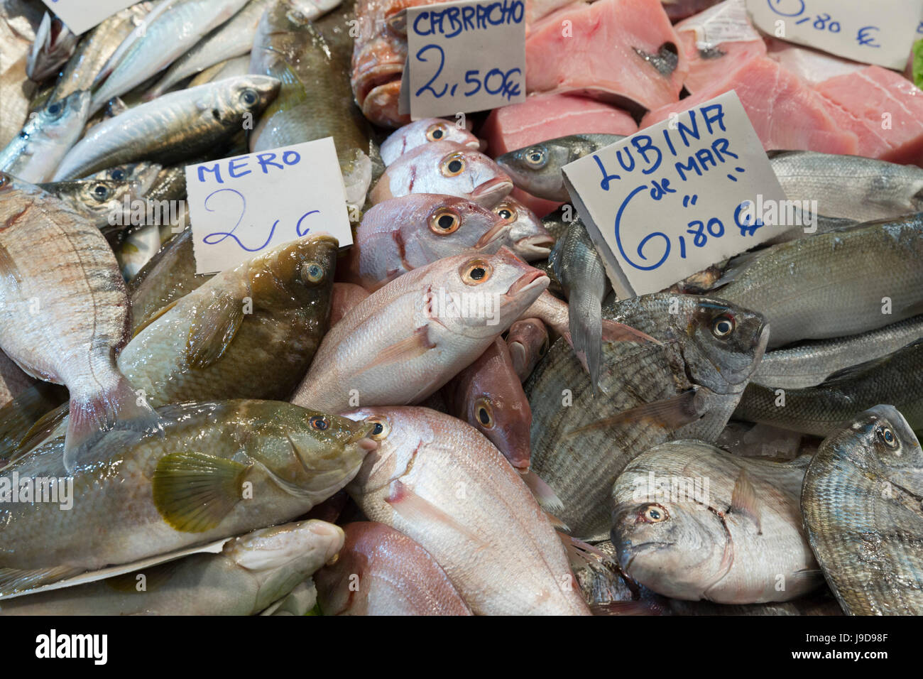 Frischer Fisch im Mercado Central de Abastos Lebensmittel Markt, Jerez De La Frontera, Cadiz Provinz, Andalusien, Spanien, Europa Stockfoto