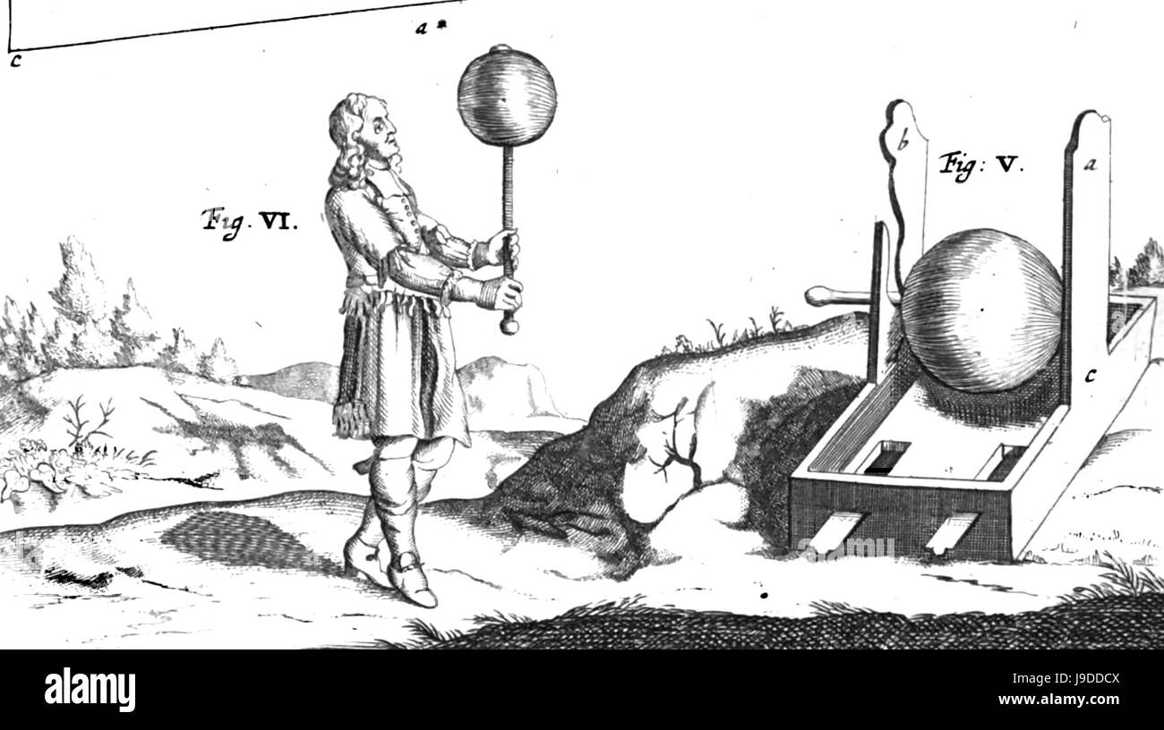 OTTO von GUERICKE (1602-1686), deutscher Politiker und Wissenschaftler, Gravur von seinem 1663-Experiment mit einem Schwefel globe schaffen eine kraftschlüssige elektrische Maschine Stockfoto